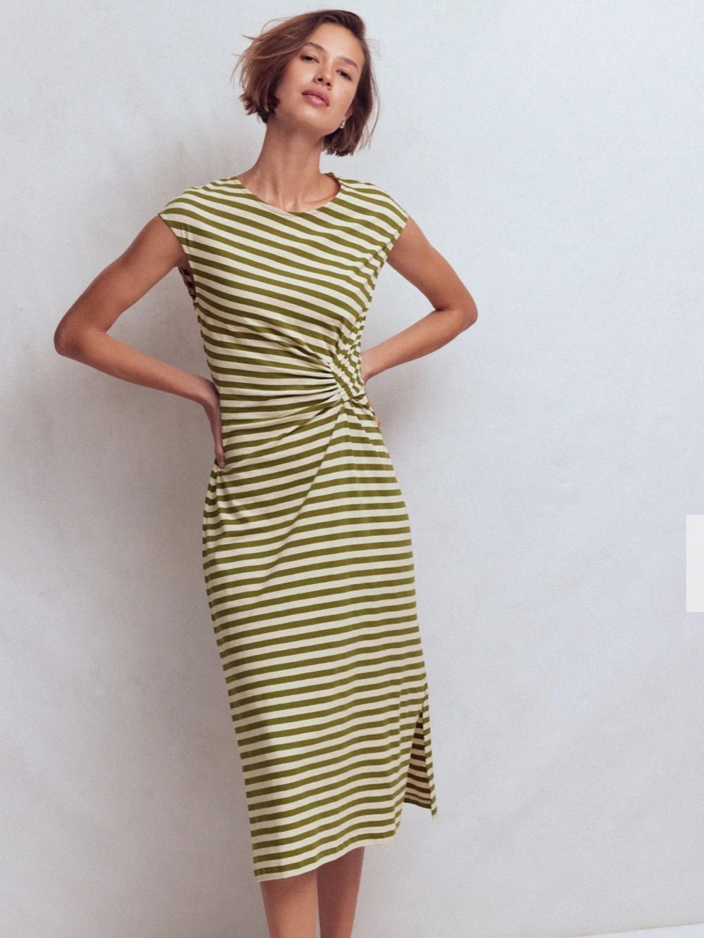 Boden Olive and White Striped Twist-Waist Midi Dress